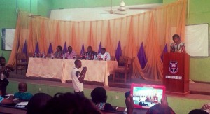 Nigerian President Dr Goodluck Jonathan's Senior Special Assistant Ms. Molara Wood reads the opening speech on his behalf 
